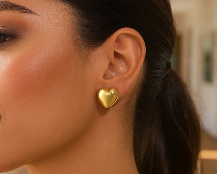 Sterling Silver Yellow Gold Plated Puffed Large Heart Stud Earrings