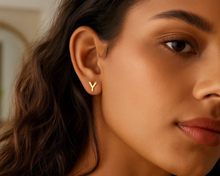 14K Yellow Gold Yours Truly Initial Y Stud Earrings