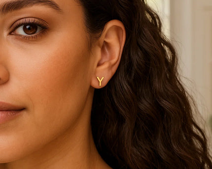 14K Yellow Gold Yours Truly Initial Y Stud Earrings
