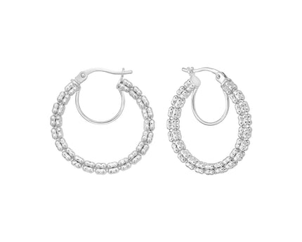 14K White Gold Ice Chain Round Hoops Earrings