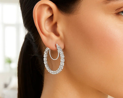 14K White Gold Ice Chain Round Hoops Earrings