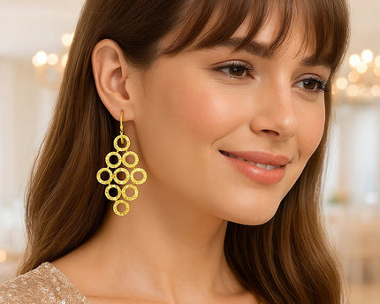 14k Yellow Gold Earrings with Textured Open Circle Motifs