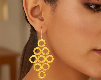 14k Yellow Gold Earrings with Textured Open Circle Motifs