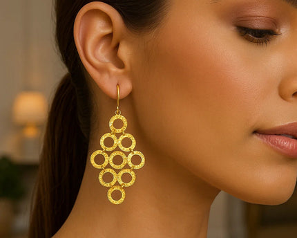 14k Yellow Gold Earrings with Textured Open Circle Motifs