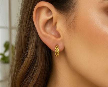 14K Yellow Gold Thick Curb Chain Huggie Hoop Earrings(4.2x12.4mm)