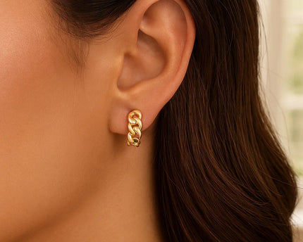 14K Yellow Gold Thick Curb Chain Huggie Hoop Earrings(4.2x12.4mm)