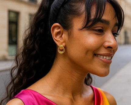 Sterling Silver Yellow Gold Plated Triple Door Knocker Hoop Earrings