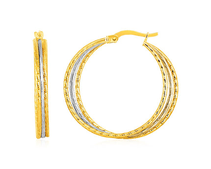 Three Part Textured Hoop Earrings in 14k Yellow and White Gold
