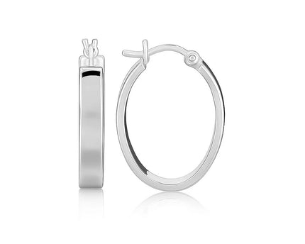 Sterling Silver Flat Style Oval Hoop Earrings with Rhodium Plating(4x14mm)