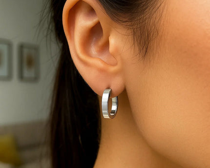 Sterling Silver Flat Style Oval Hoop Earrings with Rhodium Plating(4x14mm)