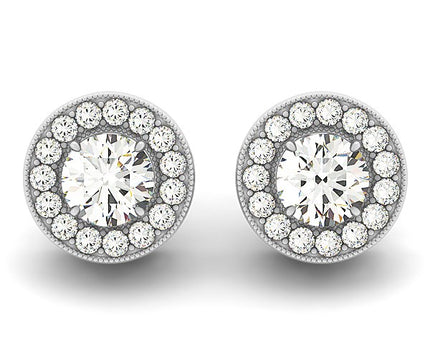 14k White Gold Round Diamond Halo Milgrain Border Earrings (3/4 cttw)