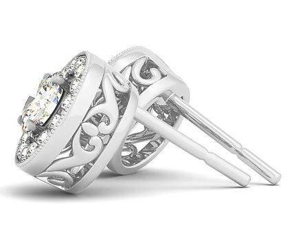 14k White Gold Round Diamond Halo Milgrain Border Earrings (3/4 cttw)