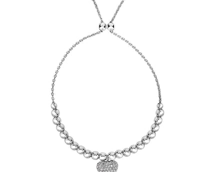 Adjustable Bead Bracelet with Round Charm and Cubic Zirconias in Sterling Silver