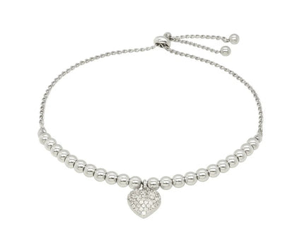 Adjustable Bead Bracelet with Round Charm and Cubic Zirconias in Sterling Silver