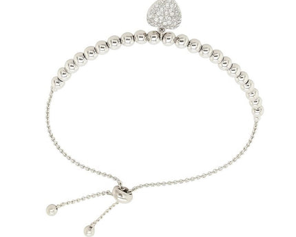 Adjustable Bead Bracelet with Round Charm and Cubic Zirconias in Sterling Silver