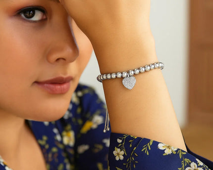Adjustable Bead Bracelet with Round Charm and Cubic Zirconias in Sterling Silver