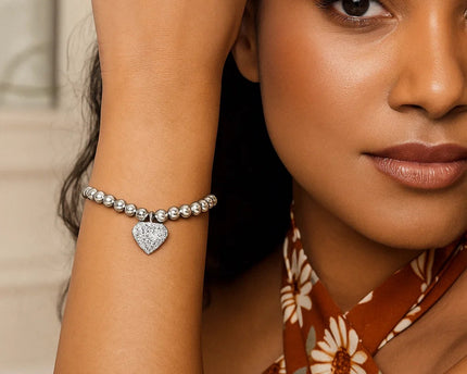 Adjustable Bead Bracelet with Round Charm and Cubic Zirconias in Sterling Silver