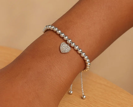 Adjustable Bead Bracelet with Round Charm and Cubic Zirconias in Sterling Silver