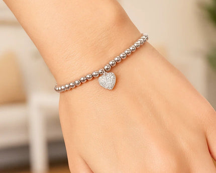 Adjustable Bead Bracelet with Round Charm and Cubic Zirconias in Sterling Silver