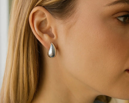 Sterling Silver Rhodium Plated Puffed Teardrop Earrings