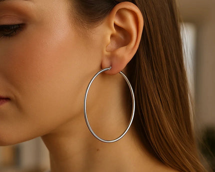 Rhodium Plated Hoop Earrings in Sterling Silver (2x60mm)