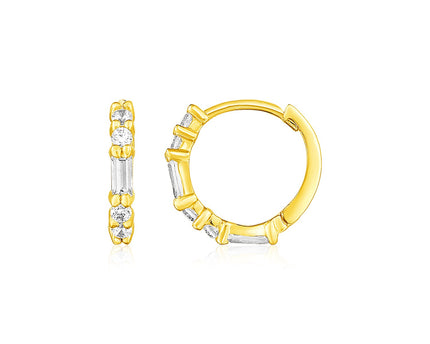 14k Yellow Gold Petite Hoop Earrings with Baguette Cubic Zirconias