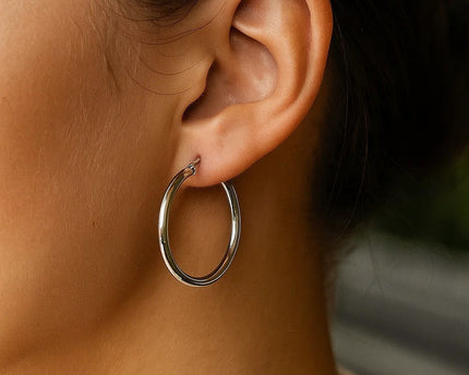 Sterling Silver Rhodium Plated Polished Motif Hoop Earrings (3x35mm)