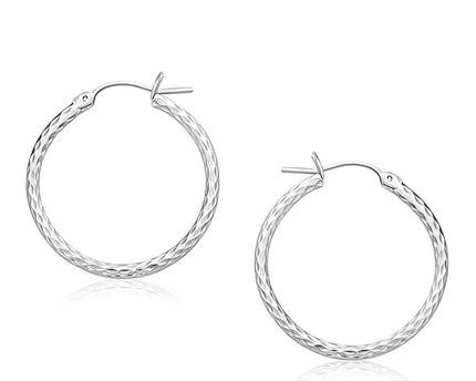14k White Gold Diamond Cut Hoop Earrings  (2x25mm)