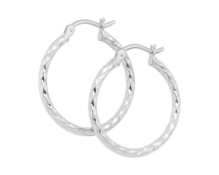 14k White Gold Diamond Cut Hoop Earrings  (2x25mm)