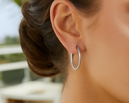 14k White Gold Diamond Cut Hoop Earrings  (2x25mm)