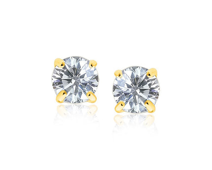 14k Yellow Gold Stud Earrings with White Hue Faceted Cubic Zirconia(7mm)