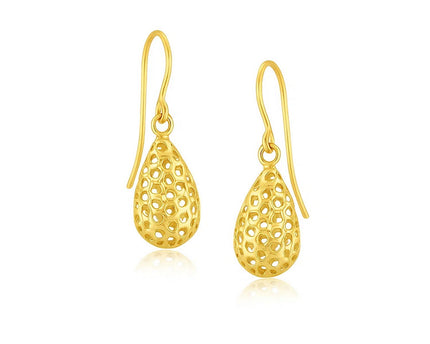 14k Yellow Gold Teardrop Drop Earrings with Honeycomb Texture