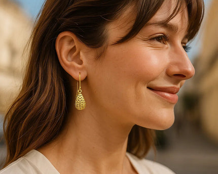 14k Yellow Gold Teardrop Drop Earrings with Honeycomb Texture