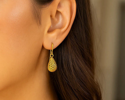 14k Yellow Gold Teardrop Drop Earrings with Honeycomb Texture