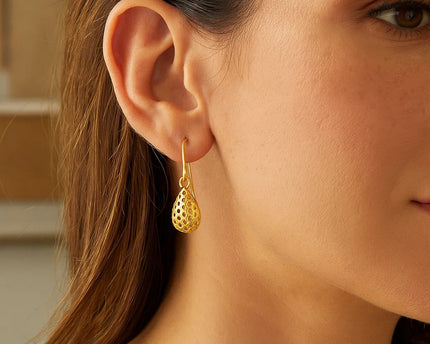 14k Yellow Gold Teardrop Drop Earrings with Honeycomb Texture