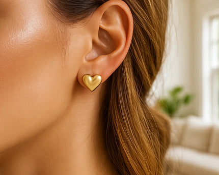 14K Yellow Gold Puffed Heart Stud Earrings