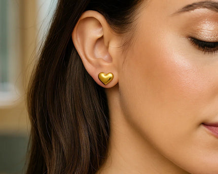 14K Yellow Gold Puffed Heart Stud Earrings