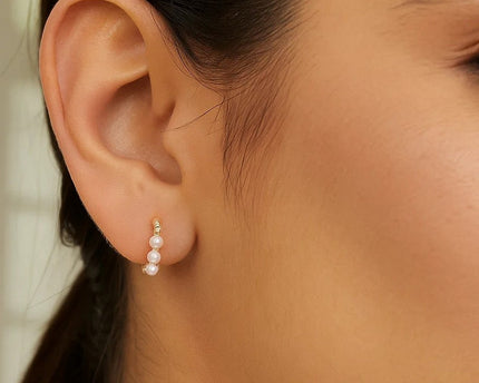 14k Yellow Gold Pearl Huggie Earrings