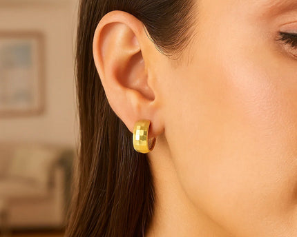 14K Yellow Gold Checkerboard Patterned Hoop Earrings
