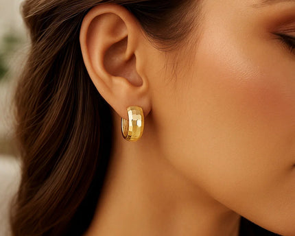 14K Yellow Gold Checkerboard Patterned Hoop Earrings