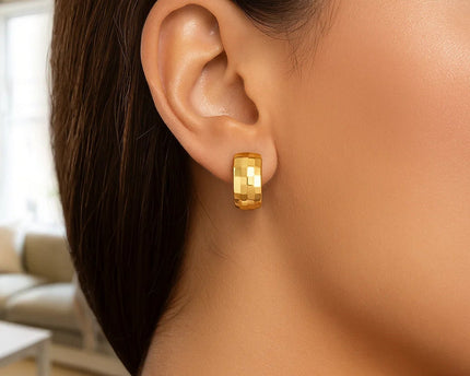 14K Yellow Gold Checkerboard Patterned Hoop Earrings