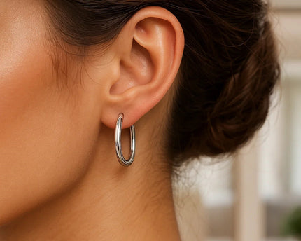 Sterling Silver Rhodium Plated Polished Look Hoop Earrings (3x25mm)