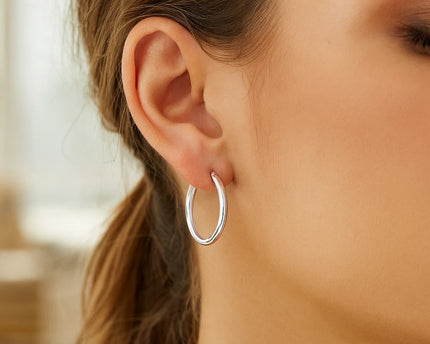 Sterling Silver Rhodium Plated Polished Look Hoop Earrings (3x25mm)