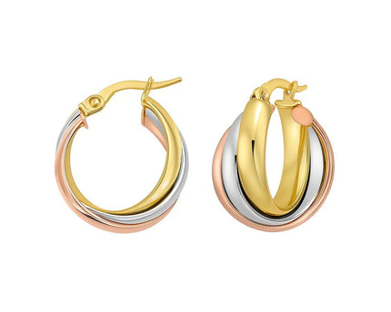 14K Tri Color Gold Polished Medium Trinity Woven Hoop Earrings
