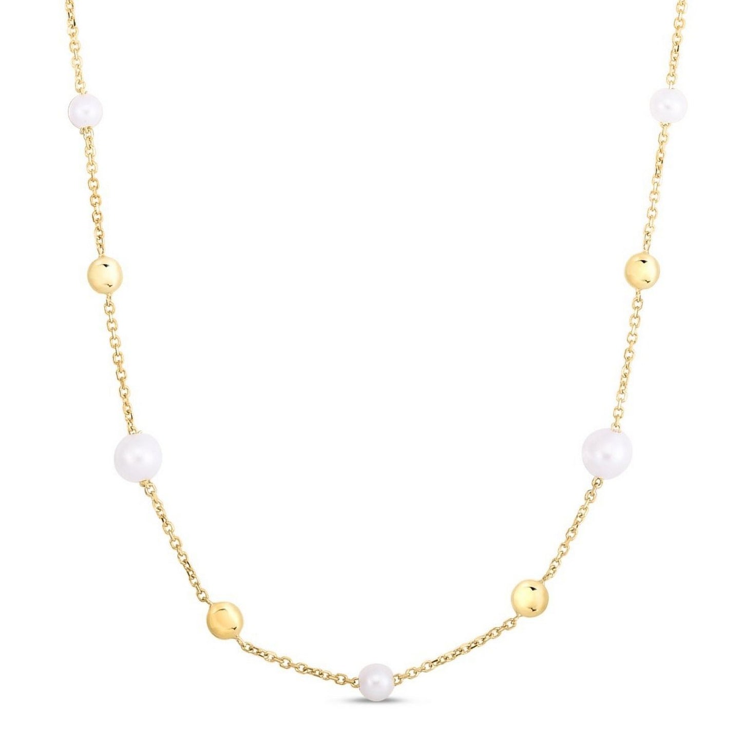 14K Yellow Gold Pearl Bead Tin Cup Station Necklace