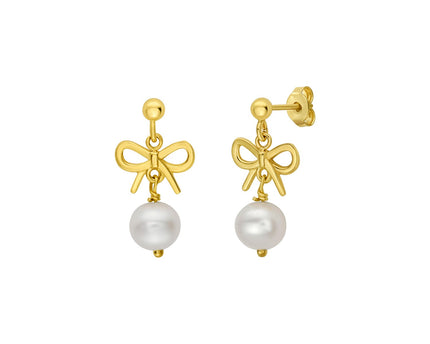 14K Yellow Gold Bow and Freshwater Pearl Drop Earrings