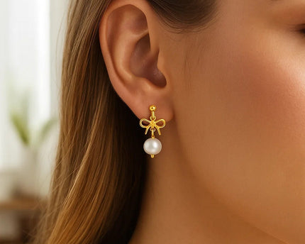 14K Yellow Gold Bow and Freshwater Pearl Drop Earrings