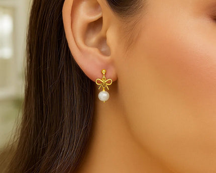 14K Yellow Gold Bow and Freshwater Pearl Drop Earrings