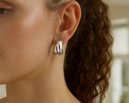 Sterling Silver Puffed Double Row Crossover C Hoop Earrings