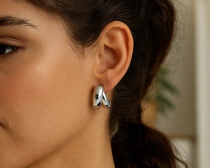 Sterling Silver Puffed Double Row Crossover C Hoop Earrings